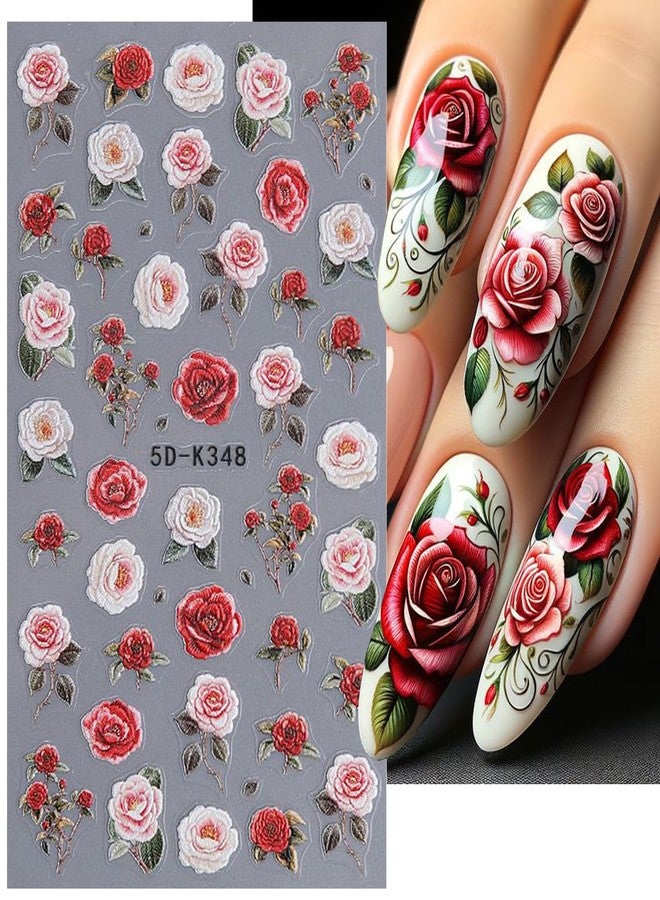 BSBTBZ Rose Nail Stickers - Embossed Flower Nail Art for Valentine's Day - Retro Design 5D Adhesive Stickers - Floral for Women's Manicure Decoration - 2Pcs - Image 2